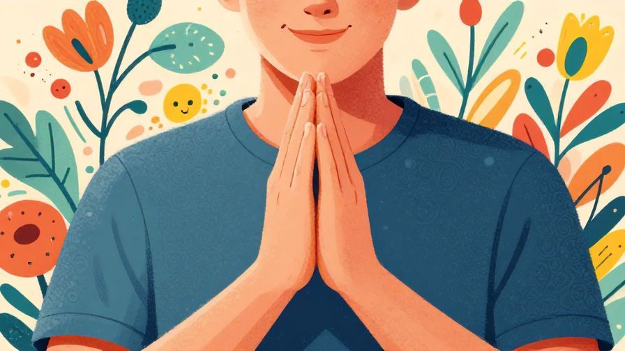 Illustration of a person clasping their hands politely with a gentle smile, detailed background, vibrant colors, illustrated style