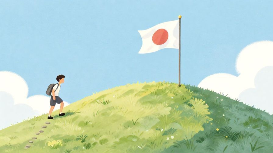 Illustration of a person climbing a gentle hill with a Japanese flag at the top, looking determined but relaxed, with soft pastel colors and illustrated textures