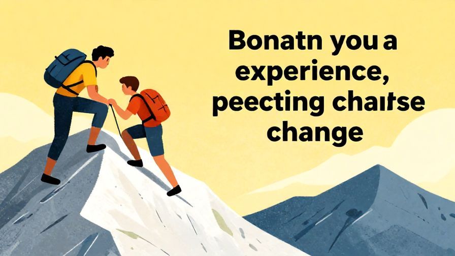 Illustration of a person climbing a mountain, symbolizing gaining experience leading to change, bright colors, illustrated style