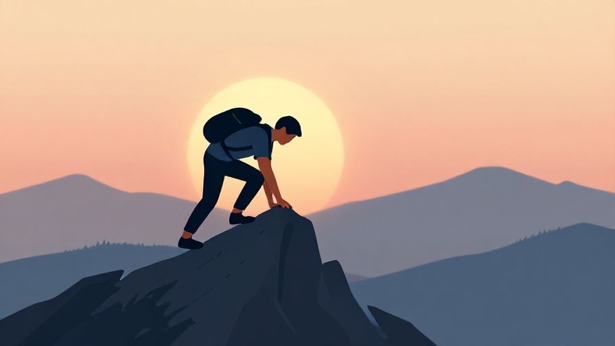 Illustration of a person climbing a mountain with a sunrise in the background, symbolizing achievement after hard work