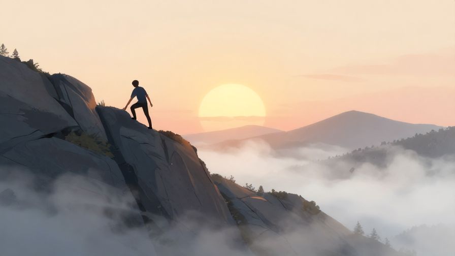 Illustration of a person climbing a steep hill with a sunrise, surrounded by mist and soft colors