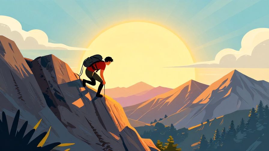 Illustration of a person climbing a steep mountain and reaching the sunlit summit, symbolizing achievement after hardship, detailed background, vibrant colors, illustrated style