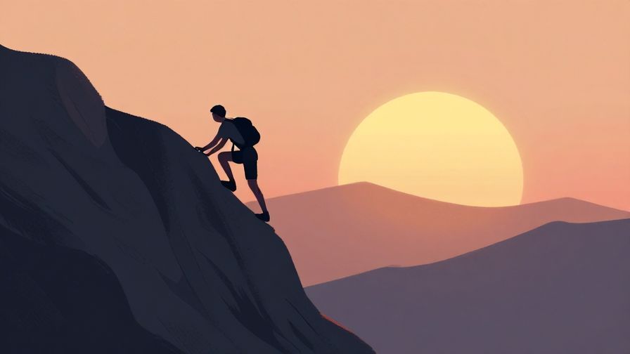 Illustration of a person climbing a steep mountain with a sunrise in the background, showing hope and strength