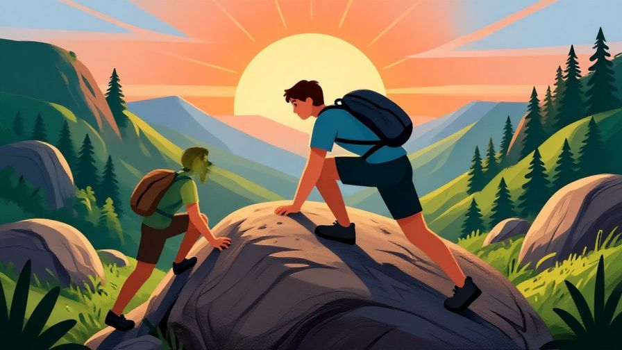 Illustration of a person climbing over a large rock with a bright sunrise behind them, showing determination and effort, detailed background, vibrant colors, illustrated style