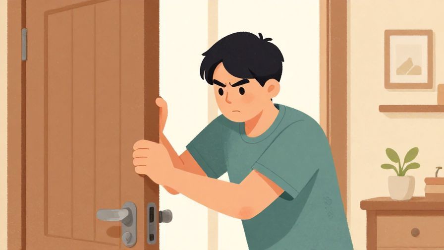 Illustration of a person closing a door firmly with a determined expression, home interior background, warm colors, illustrated style
