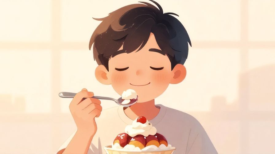 Illustration of a person closing their eyes in delight while eating a dessert, soft pastel background, gentle sunlight