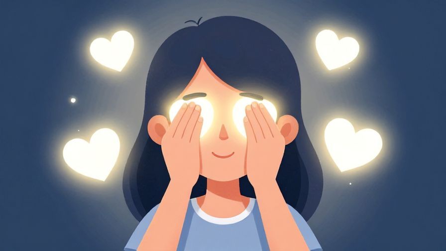 Illustration of a person closing their eyes with a soft smile, surrounded by glowing hearts and soft light, feeling a deep connection