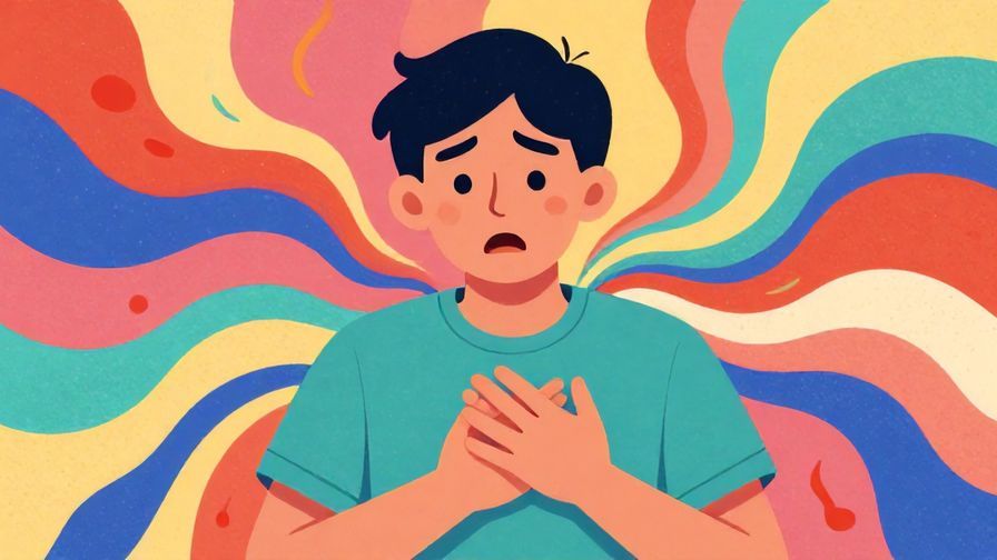 Illustration of a person clutching their chest with a surprised and sad expression, vibrant background with abstract emotional waves, illustrated style