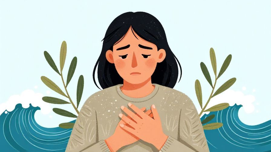 Illustration of a person clutching their chest with a pained but calm expression, surrounded by gentle waves and olive branches