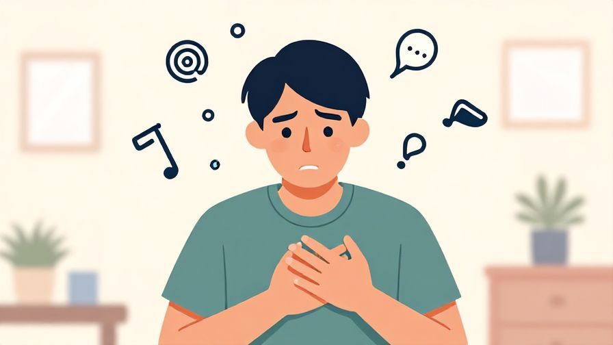 Illustration of a person clutching their chest with a distressed expression, surrounded by chaotic thought symbols, soft pastel room background