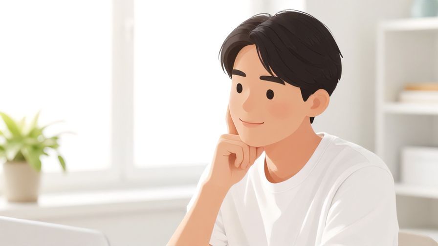 Illustration of a person concentrating thoughtfully, hand on chin, with a gentle smile, bright room