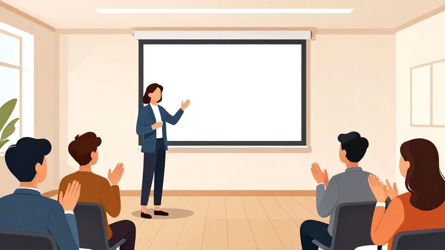 Illustration of a person concluding a presentation, audience clapping, modern conference room