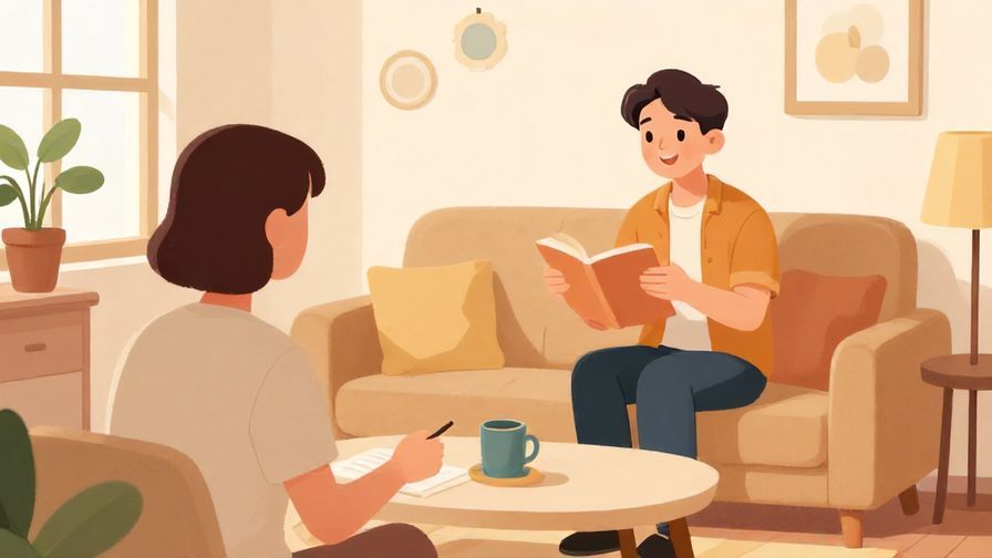 Illustration of a person concluding a story and smiling, cozy living room scene