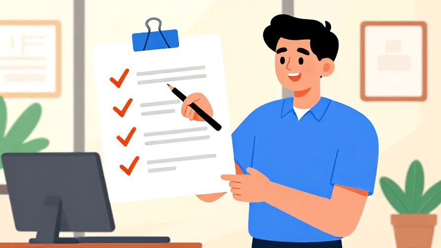 Illustration of a person confidently checking off a list with a smile, bright office setting, vibrant colors, illustrated style