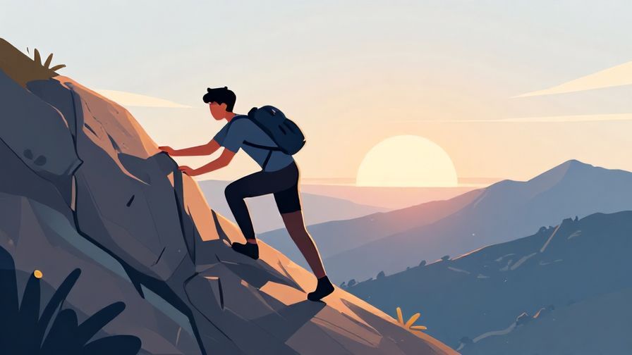 Illustration of a person confidently climbing a mountain path with sunrise in the background, full of determination