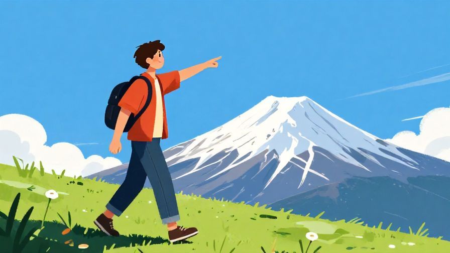 Illustration of a person confidently pointing and walking towards a distant mountain under a clear blue sky, vibrant colors, illustrated style
