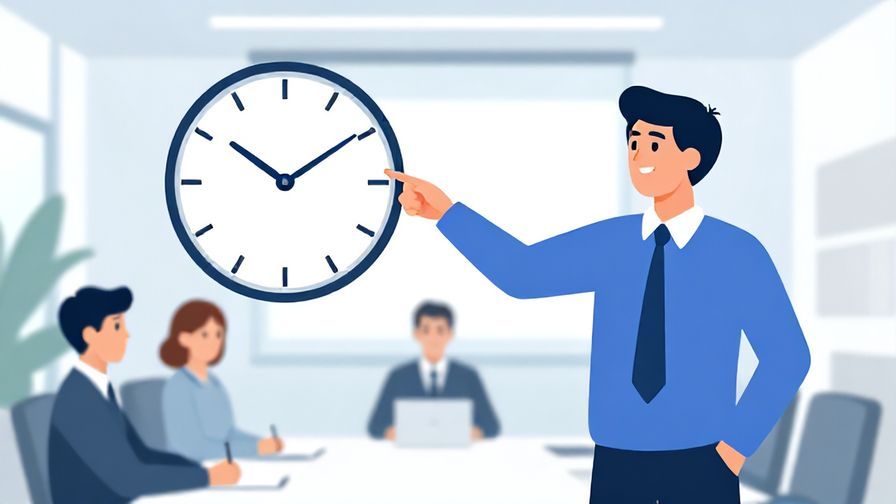 Illustration of a person confidently pointing forward, clock with fast-moving hands beside them, corporate meeting room background