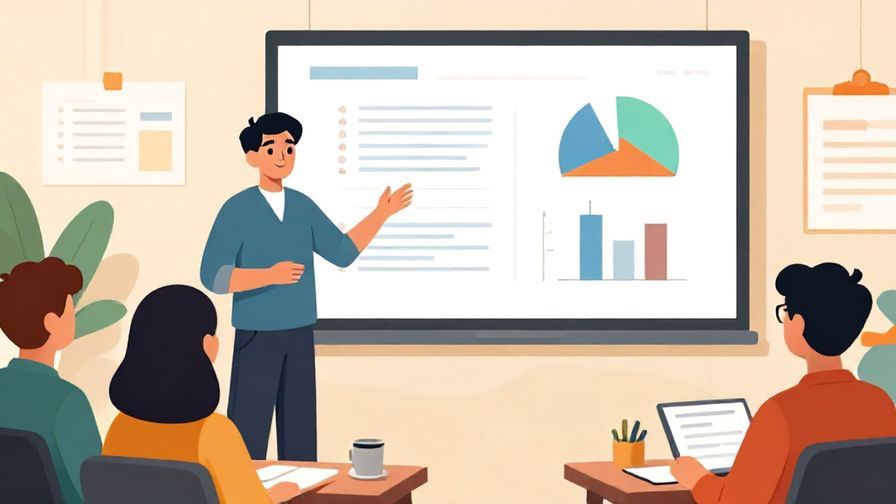 Illustration of a person confidently presenting data on a screen to a group, professional setting, vibrant colors, illustrated style