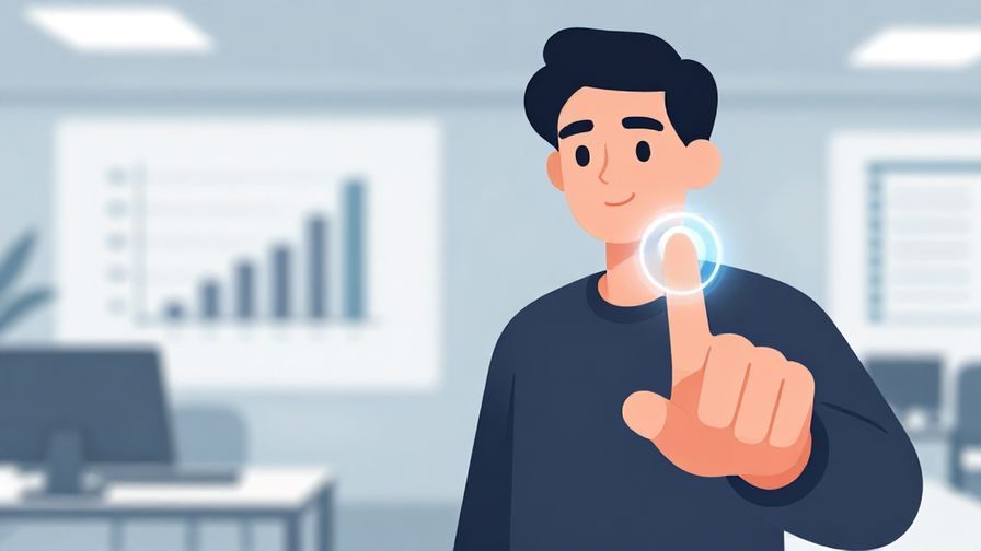 Illustration of a person confidently pressing a decision button, sharp focus, modern office background with charts