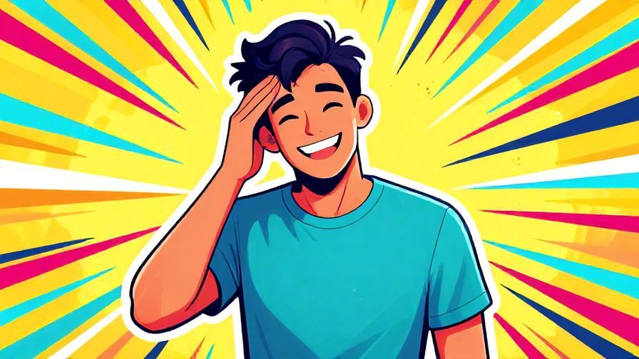 Illustration of a person confidently shaking their head with a big smile, surrounded by vibrant, energetic lines