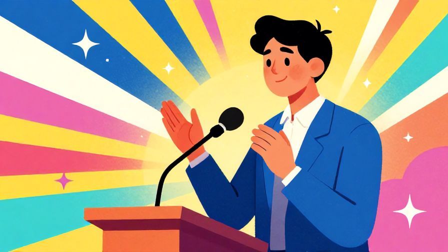 Illustration of a person confidently speaking at a podium with stars and light rays, vibrant colors, illustrated style