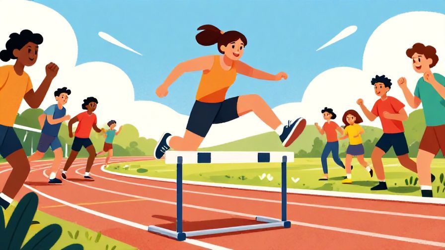 Illustration of a person confidently stepping over hurdles on a track, with a bright sky and cheering friends, vibrant colors, illustrated style
