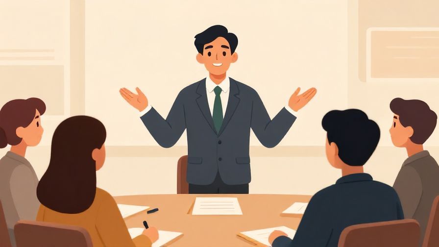 Illustration of a person confidently supporting an idea in a formal meeting, warm tones