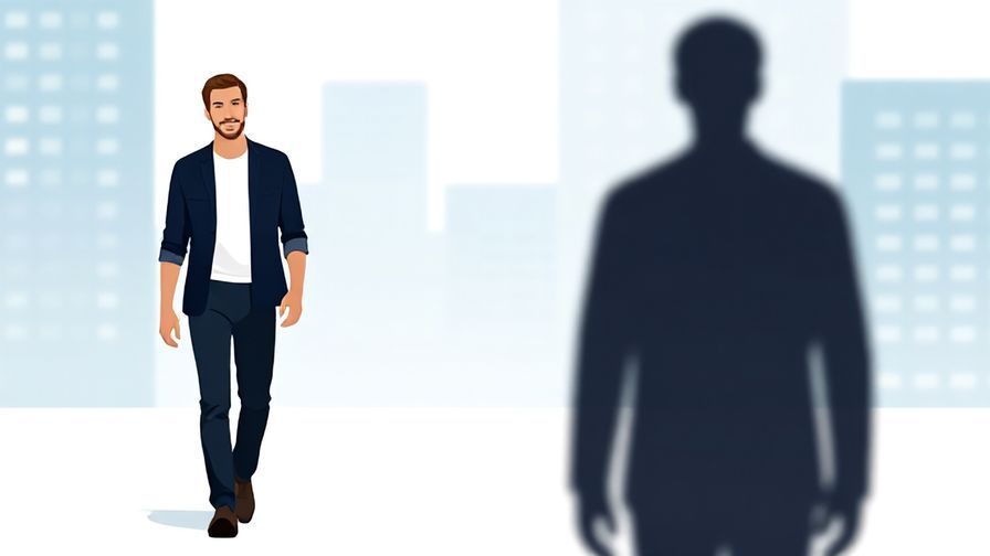 Illustration of a person confidently walking away from a shadowy past self, bright cityscape background