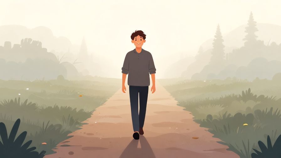 Illustration of a person confidently walking forward on a path surrounded by mist clearing, hopeful atmosphere