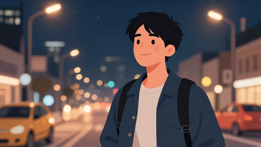 Illustration of a person confidently watching something unfold with a slight smirk, urban night scene with glowing street lights