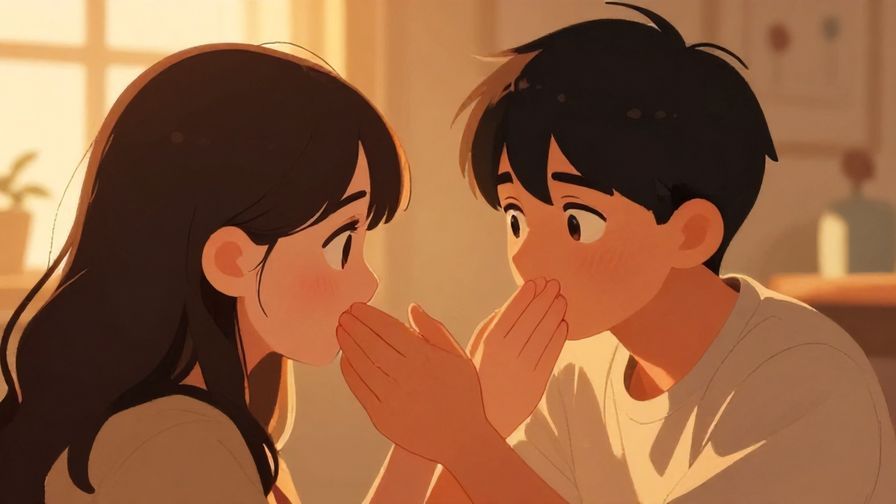 Illustration of a person covering another’s mouth gently with a concerned look, indoor setting with warm lighting