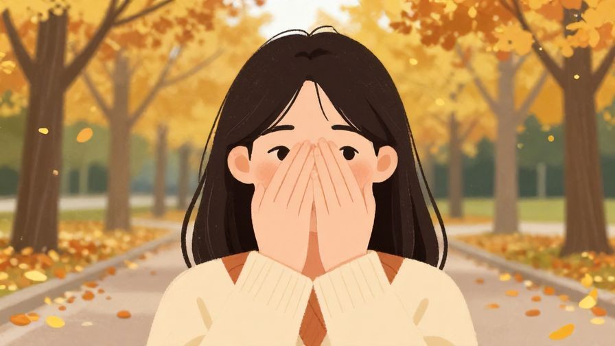 Illustration of a person covering their face with their hand, looking away, park background with autumn leaves, soft colors, illustrated style