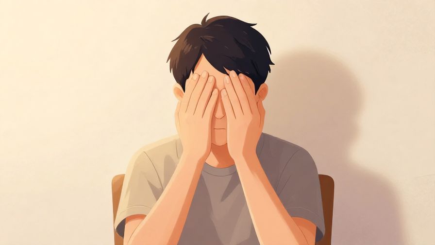 Illustration of a person covering their face with hands, sitting on a chair in a quiet room, soft warm lighting, illustrated style