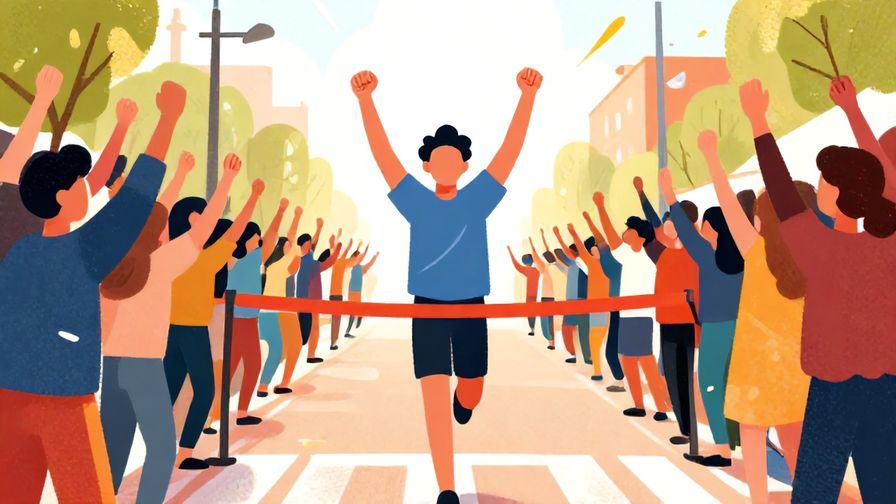 Illustration of a person crossing a finish line with arms raised triumphantly, bright crowd cheering, vibrant colors, illustrated style