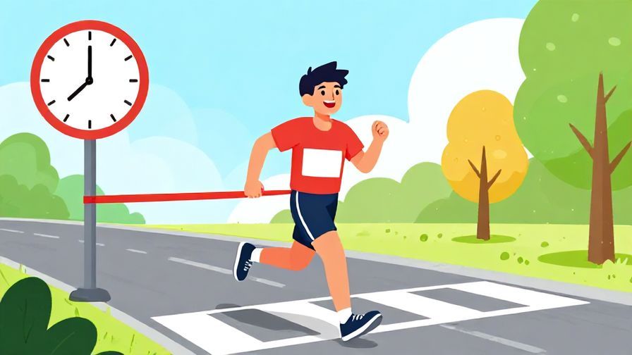 Illustration of a person crossing a finish line with a big smile, barely ahead of a chasing clock, bright colors