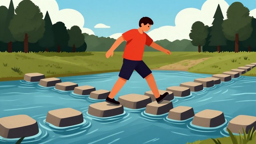 Illustration of a person crossing a river on stepping stones under a bright sky, symbolizing overcoming obstacles