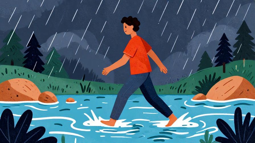 Illustration of a person crossing a stormy river with a confident stride, symbolizing survival and perseverance, vibrant colors, illustrated style