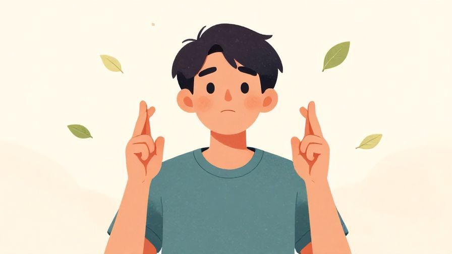 Illustration of a person crossing fingers with a hopeful expression, soft pastel background with floating leaves