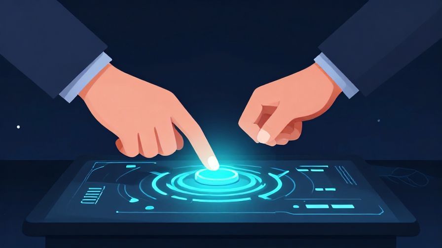 Illustration of a person decisively pressing a button on a futuristic control panel, glowing interface, dark blue tech background