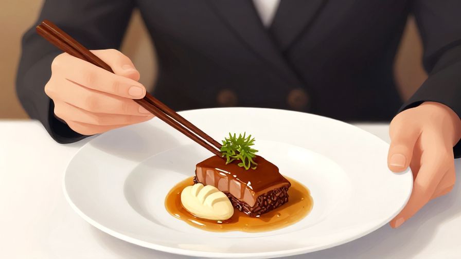Illustration of a person delicately holding chopsticks over a beautifully plated dish, elegant setting, soft lighting