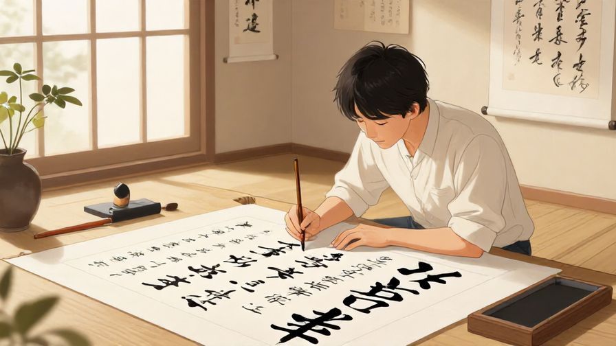 Illustration of a person drawing a half-completed Japanese calligraphy piece, serene room with natural light and artistic elements