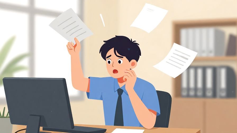 Illustration of a person dropping papers, looking surprised and frustrated, office background, bright colors, illustrated style