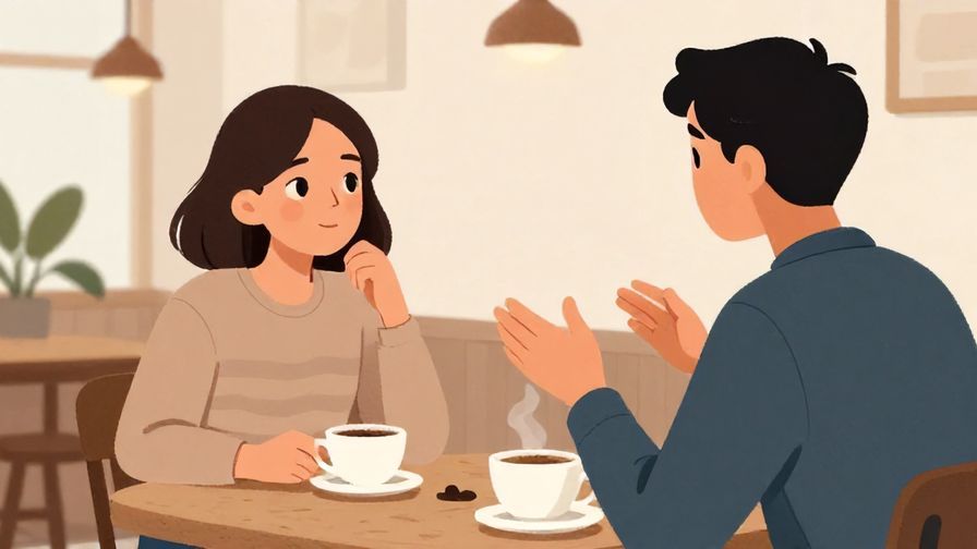 Illustration of a person eagerly listening while another explains, informal setting like a café or home