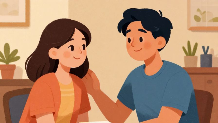 Illustration of a person encouraging another with a supportive smile, background showing a cozy room with warm lighting, detailed background, vibrant colors, illustrated style