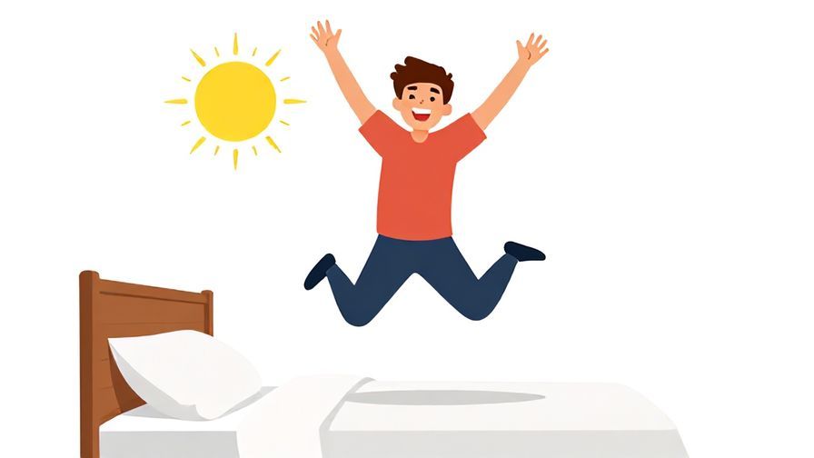 Illustration of a person energetically jumping out of bed with a big smile, bright sun shining in