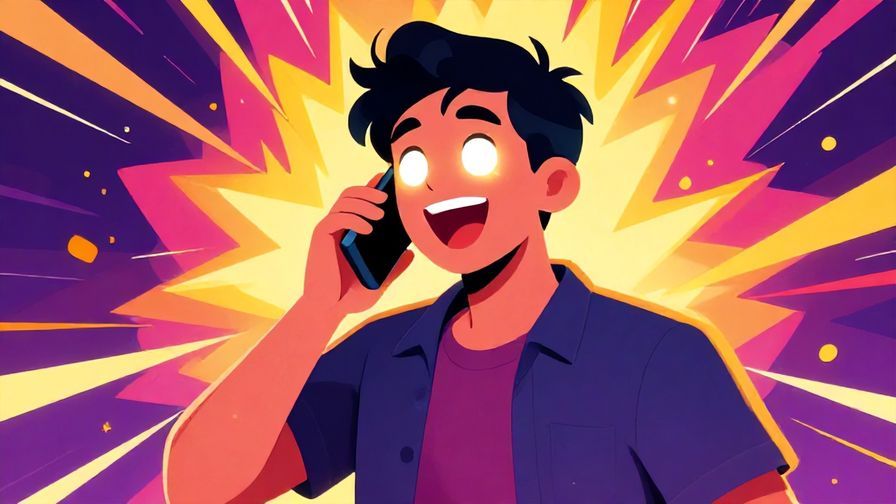 Illustration of a person excitedly calling someone on the phone, glowing expression with vibrant colors and dynamic lines