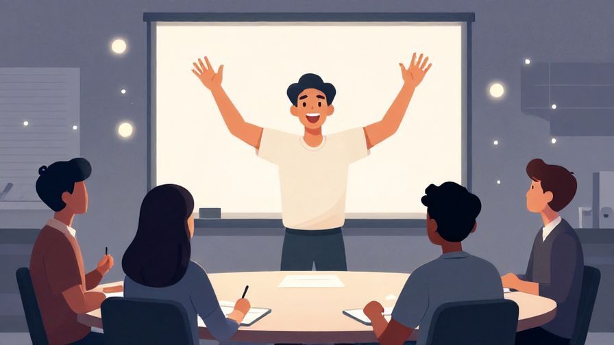 Illustration of a person excitedly presenting ideas in a meeting, surrounded by glowing light and positive energy