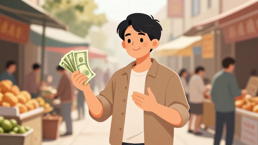 Illustration of a person explaining with a slight smile while holding money, casual street market environment