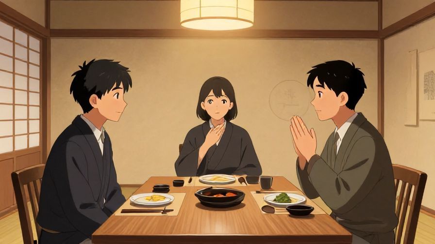 Illustration of a person expressing heartfelt thanks around a formal dining table, warm ambient light, traditional Japanese room, illustrated style