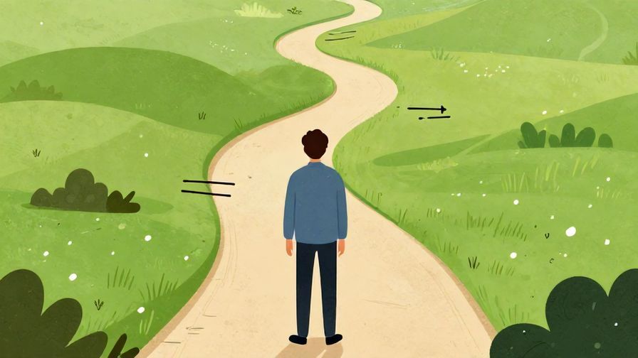 Illustration of a person facing a winding path with obstacles, looking determined but hesitant